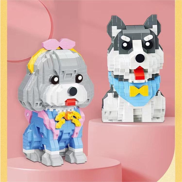 National Mainan Balok Bangunsusun Model Lego Bentuk Binatang Peliharaan Kucing Husky Warna Biru