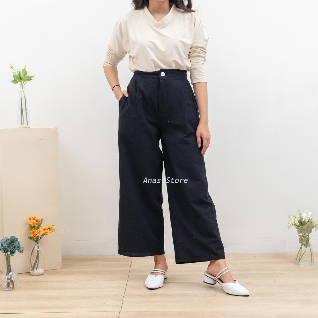 Celana Kulot Highwaist Bahan Premium Linen Wide Leg Cullotes - Linen Cullote Pants