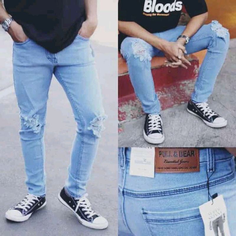 CELANA PANJANG SEMI SOFTJEANS PRIA SKINNY HITAM SOBEK LUTUT RIPPED JEANS STREET MELAR MURAH FASHION PRIA CELANA PRIA STRET CELANA PANJANG PRIA