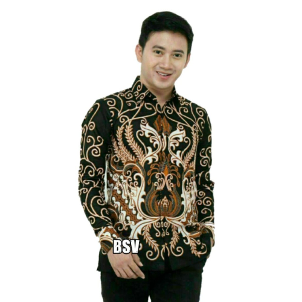 Batik Pria Lengan Panjang BATIK AZMIL HRB026 motif KERATONAN Kode 002 size M L XL XXL Reguler-mahkota putih