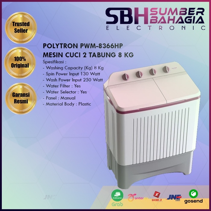 POLYTRON PWM-8366HP MESIN CUCI 2 TABUNG 8 KG (NEW) (KHUSUS BANDUNG)