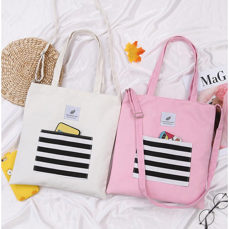 Adda Home - Tas Tote Kanvas Garis Hitam Putih