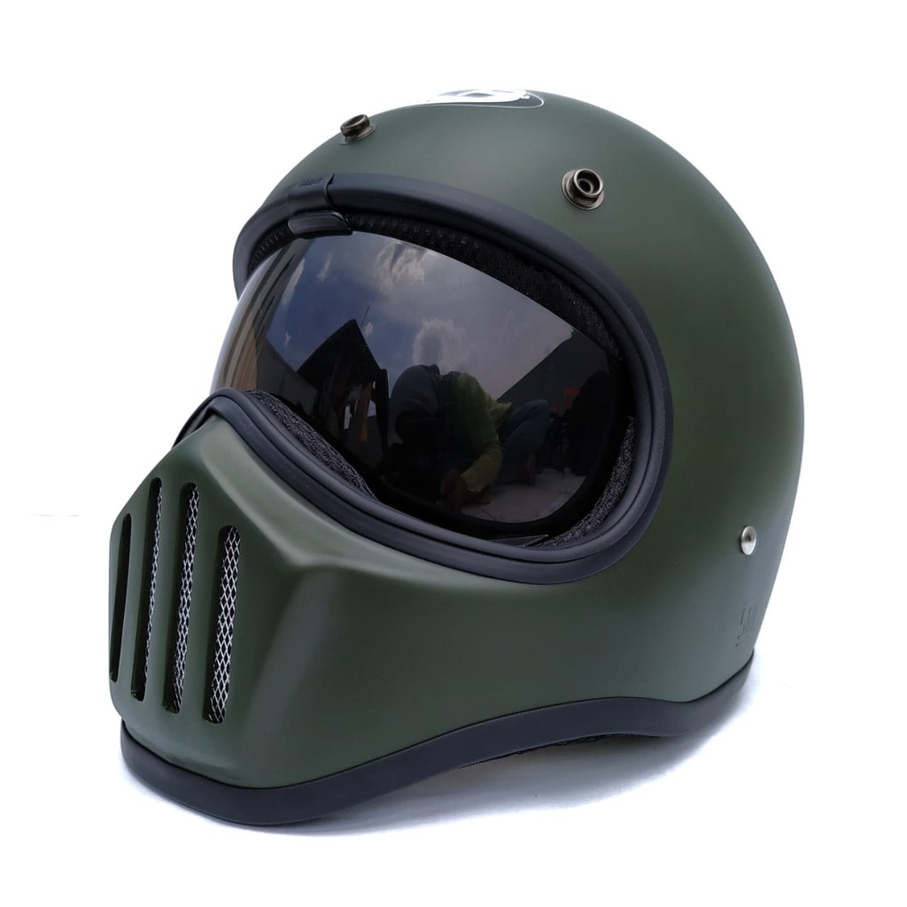 Helm Cakil HBC Green Army Doff + Inner Visor ( Fullface / Retro / Klasik / Vespa )