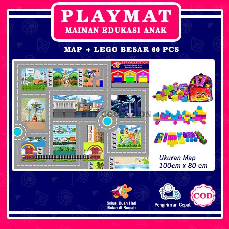 PLAYMAT PLAYMAP ROADMAP KARPET ALAS MAINAN MOBILAN SPORT RACING MAP TAYO MOBIL-MOBILAN +LEGO 60PCS