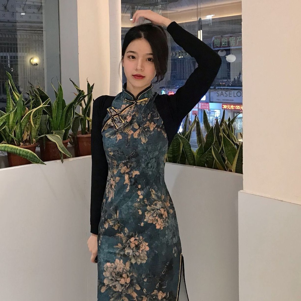 Young cheongsam modified girl's high-grade cheongsam skirt length Chinese style retro cheongsam dres