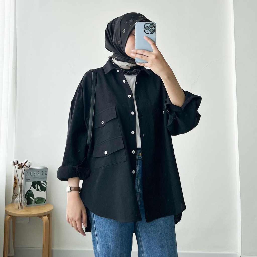 Luca Shirt Kemeja Basic Wanita Oversize Katun Linen Atasan Blouse Polos Lengan Panjang