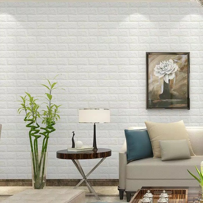 Wallpaper Dinding 3D Foam Batu Bata 7OCm x 77cm4mm, Putih Grosir