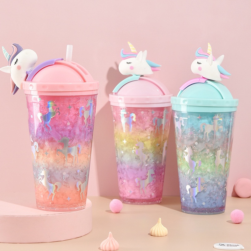 Botol Minum 450ml Jerami Tumbler Glitter Uni-corn Premium Quality