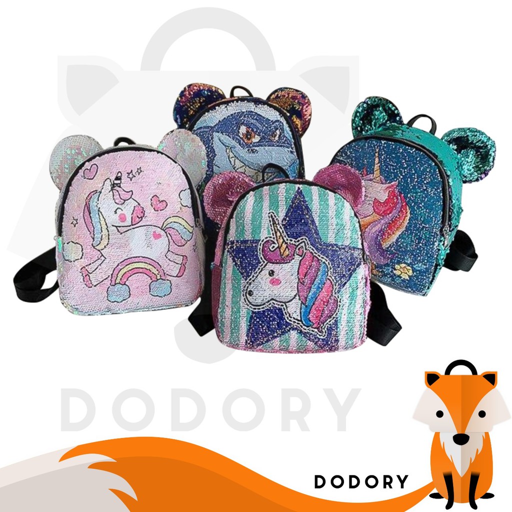 DODORY DDR1400 Tas Ransel Anak Sequin Glitter Karakter Unicorn Telinga Beruang