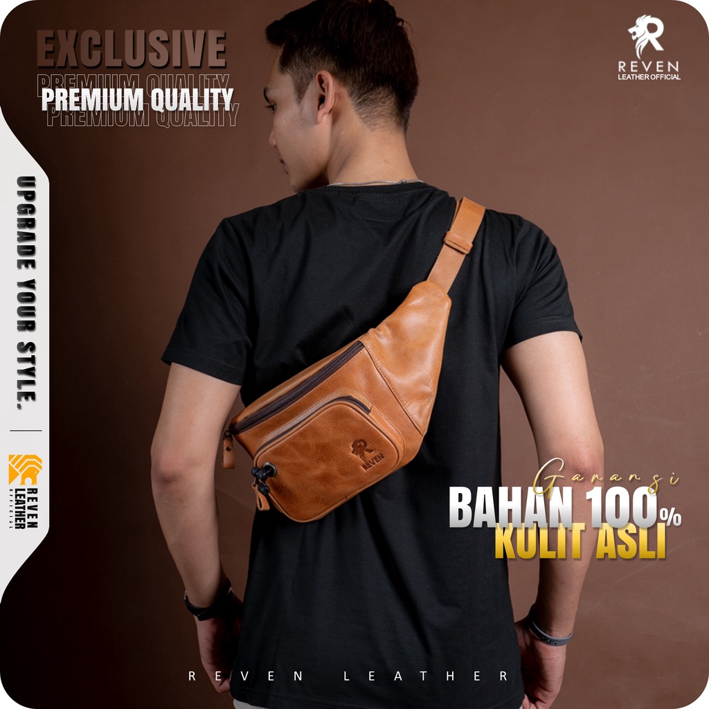 Tas Kulit Selempang Pria Fashion Sling Bag Waistbag Pinggang Bahu Pria Cowok Kulit Sapi Asli Branded