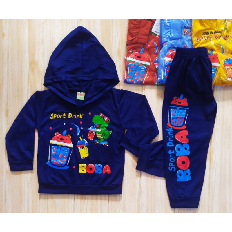 SETELAN UPIN IPIN  SPIDERMAN BOBA HODDIE 2-7 THN BAJU ANAK TOPI KEKINIAN