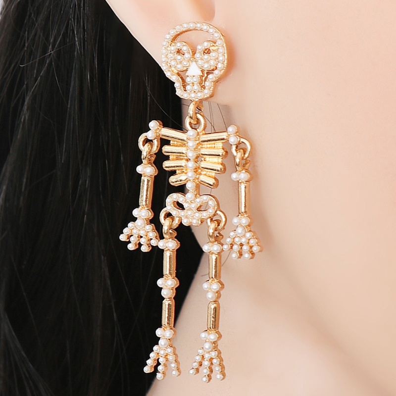 Anting Desain Kerangka Tulang Tengkorak Aksen Mutiara Gaya Gothic Untuk Hadiah Halloween