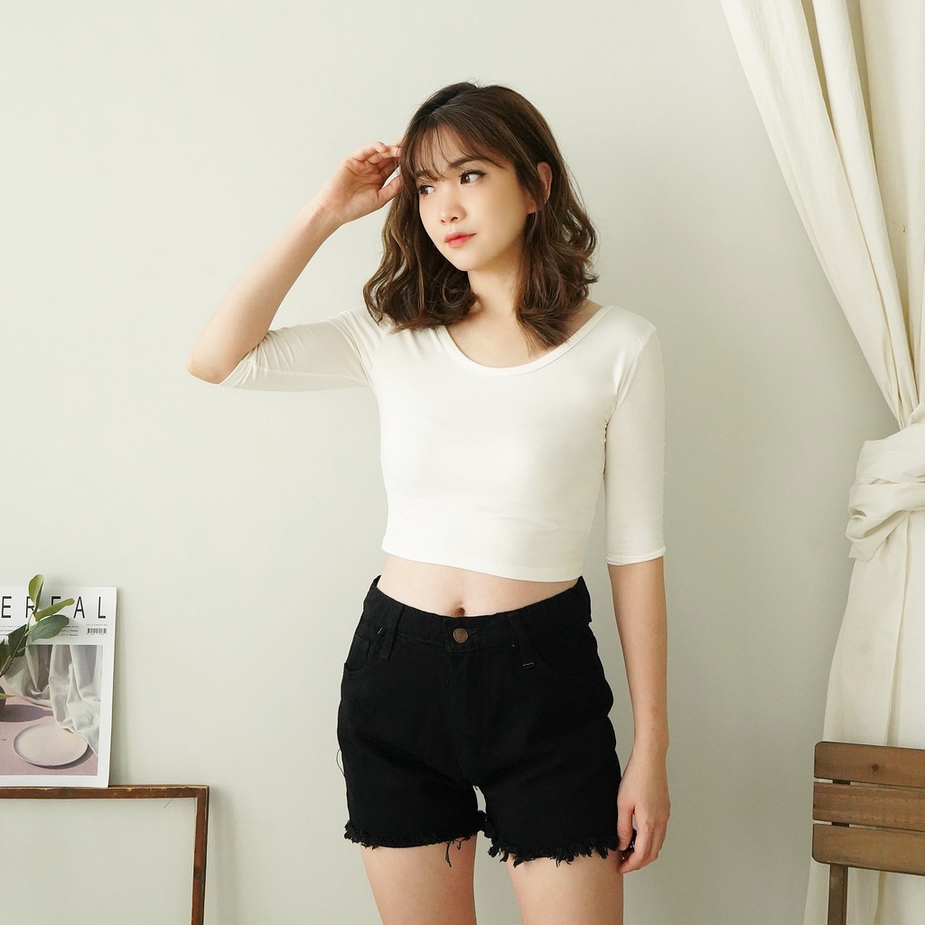 Korean Crop Top Kaos Casual Plain Short Sleeve Crop Top lengan 3/4 Baju Atasan Wanita 085