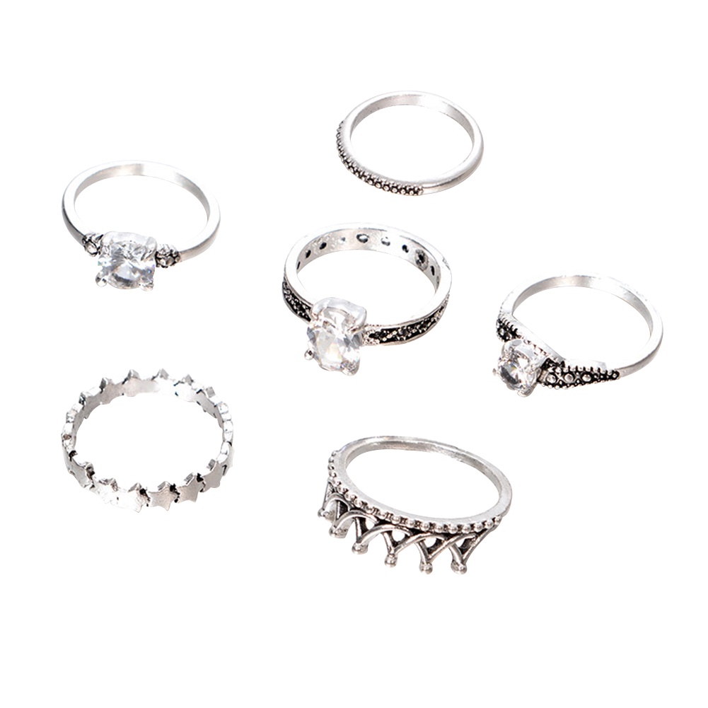 Hu Hu Hu Hu Hu Alat Bantu Pasang Kacamata♡ 6pcs Cincin Knuckle Antik Desain Mahkota Infinity Hias Berlian Imitasi Untuk Wanita