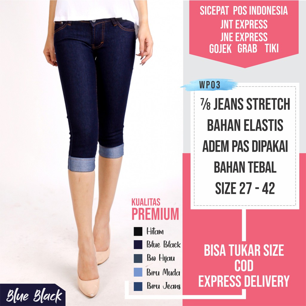  Celana  Pendek  7 8 Jeans Blue Black wanita  Slim Fit Short 