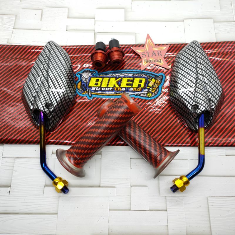 Spion karbon jupiter 2tone+kulit jok biker karbon+handgrip carbon+jalu stang universal motor Yamaha