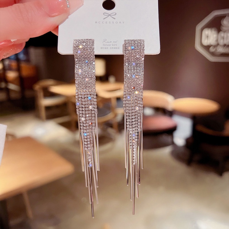 XiaoboACC Anting Gantung Panjang Tusuk Silver Sterling 925 Aksen Zircon + Rumbai Untuk Perhiasan Wanita