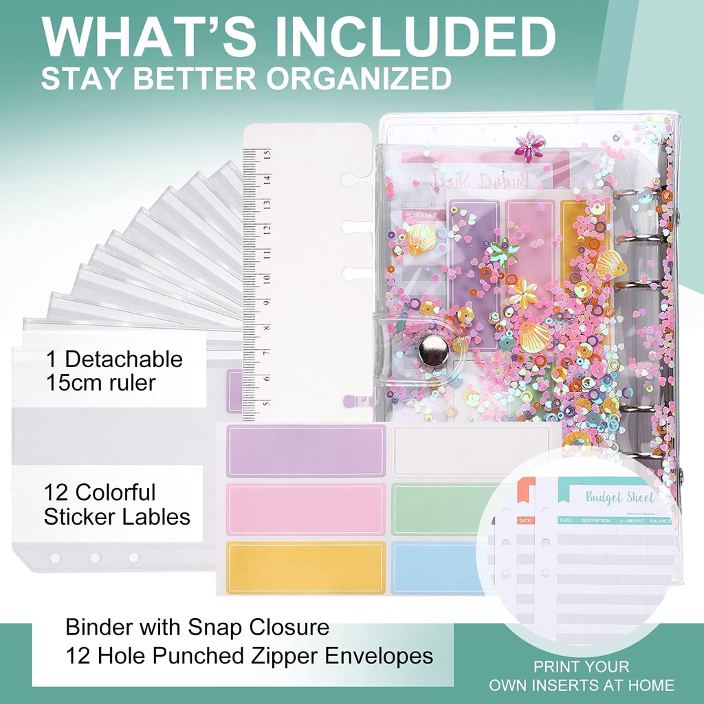 29 Pieces A6 PVC Binder Glitter Cover Sets with 12 Budget Envelopes,Expense Budget Sheet,1PVC Bag, 1 Ruler and 2 Label Sticker