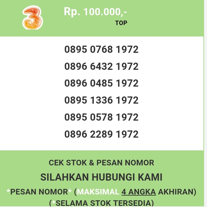 Nomor cantik three murah tahun lahir 1972 kartu perdana 3 T7888-100