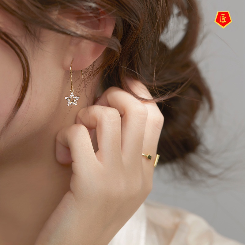 [Ready Stock]Temperamental Heart-Shaped Pentagram S925 Silver Short Earrings