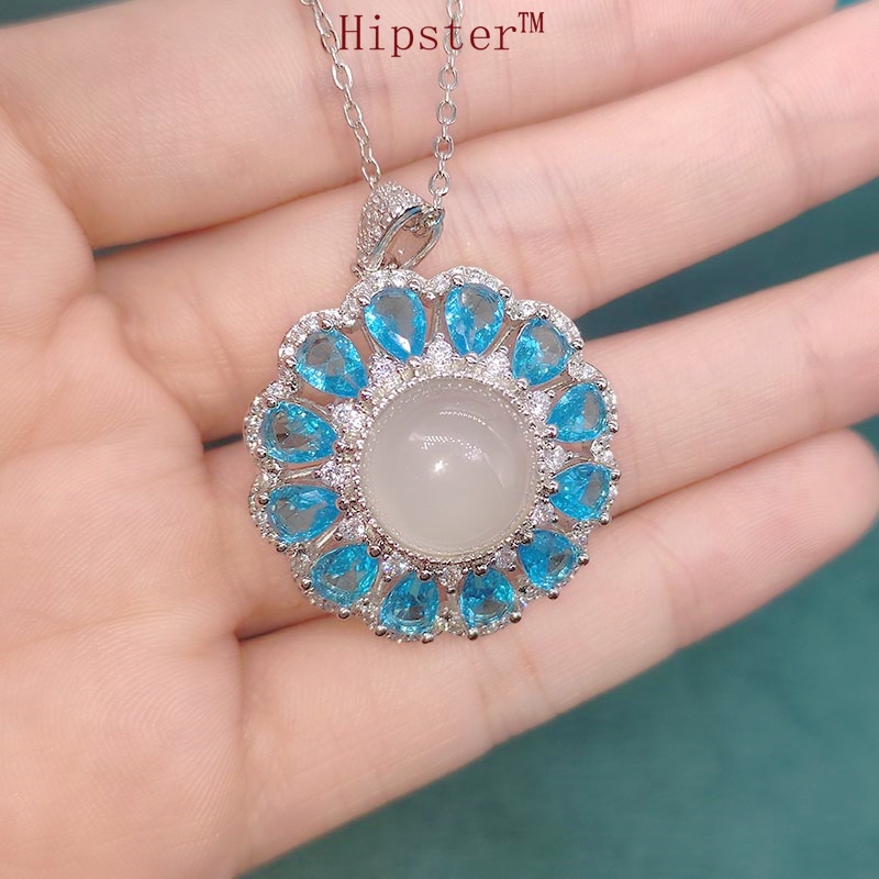 White Chalcedony Necklace Ring Sapphire Earrings Pendant Set for Women