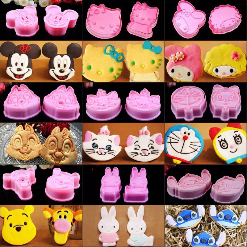 Cetakan Roti Kue Kering Cutter Cookies 2 in 1 Karakter Hello Kitty Doraemon Mickey Pooh Bunny