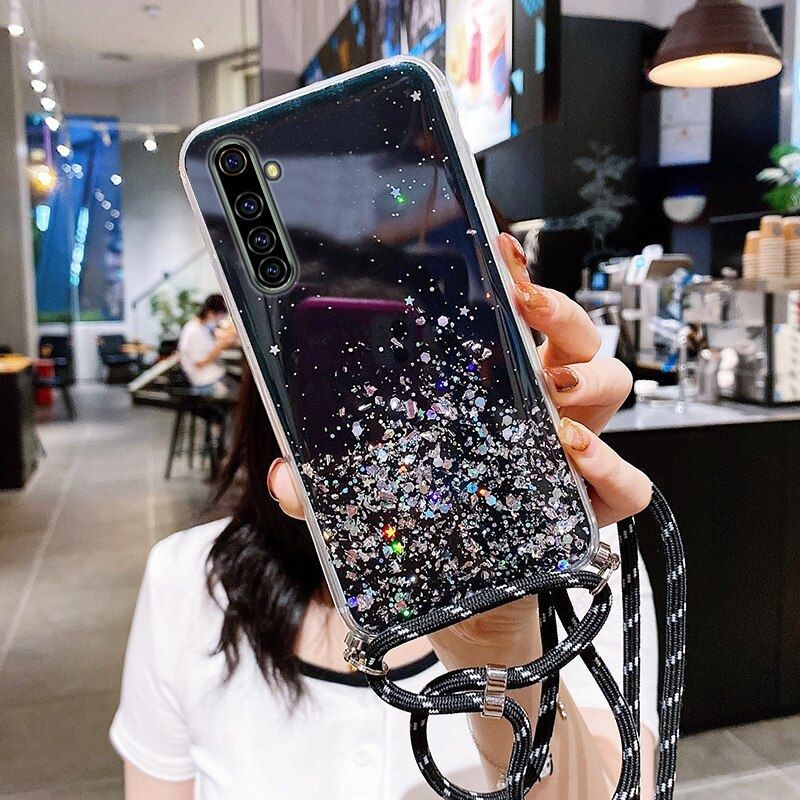 SO Casing Softcase iphone 6 7/8 xr x xs 11pro 12 dll Transparan Aksen Glitter Dengan Tali Lanyard