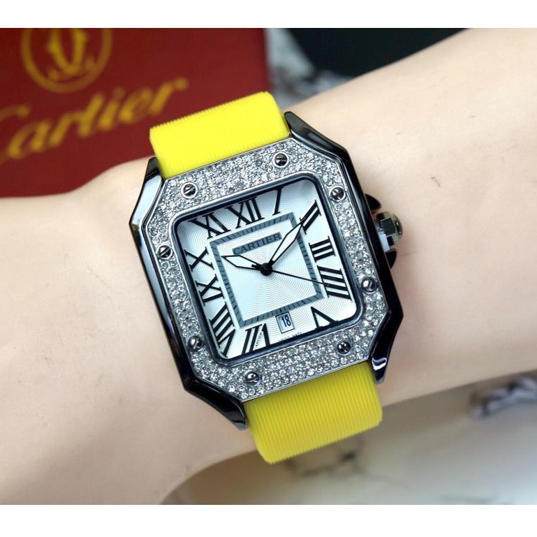 [ COD ] Jam Tangan Fashion Wanita Cartier Diamond PW Strap Rubber Tanggal Aktif Free Box Original &amp; Baterai