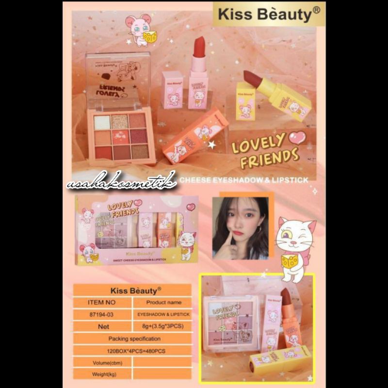 PAKET  MAKE UP 4IN1 EYESHADOW + LIPSTIK 3 WARNA  KISS BEAUTY NO.87194