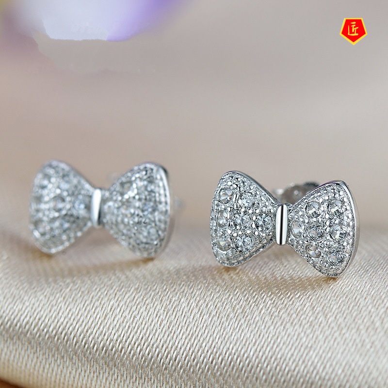 [Ready Stock]Full Diamond Bow Stud Earrings Silver Graceful Fashionable