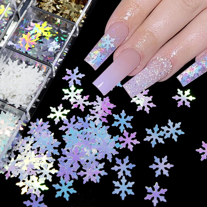 12 Grids Glitter 3D Christmas Snowflakes Sequins Nails Art Decorative Sticker DIY Accessories