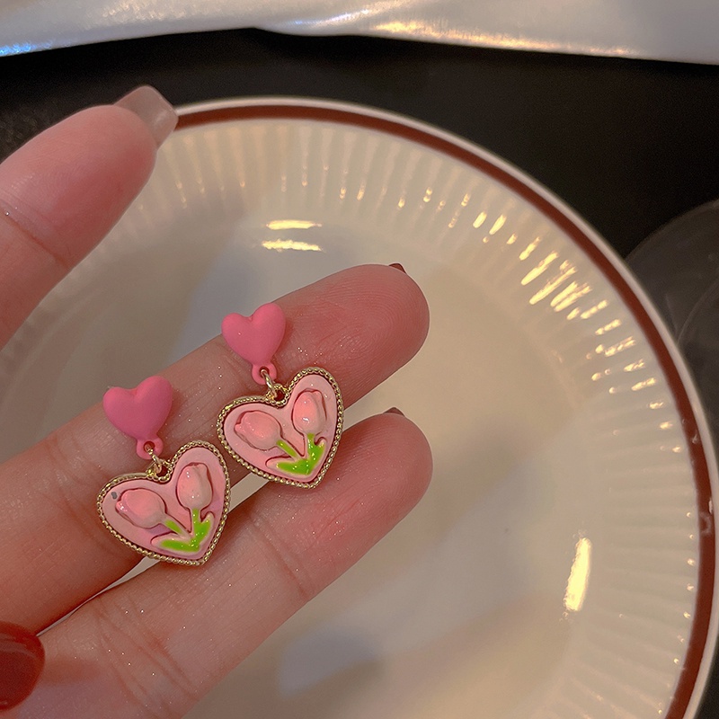 Anting Stud Bentuk Hati Aksen Mutiara Kristal Warna Pink Gaya Korea Untuk Wanita