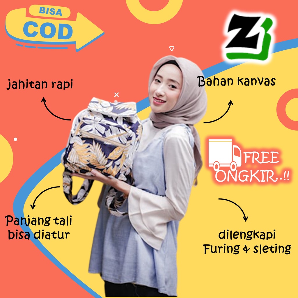 Tas ransel wanita cewek Perempuan Cewe remaja Sekolah kuliah kerja kanvas kekinian serut murah A6-tropical biru