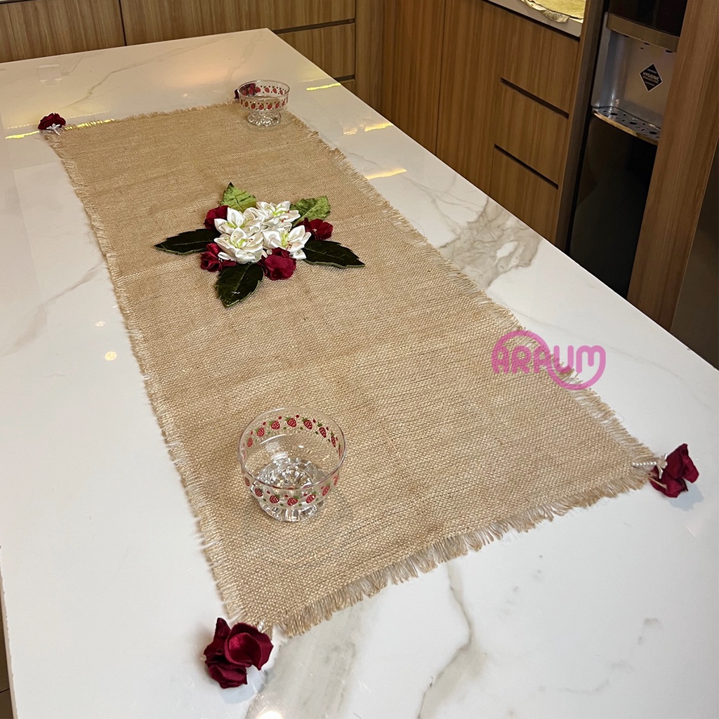 Tablecloth Taplak Meja Tamu Meja Makan Bunga Sateen Table Runner Panjang 3D Burlap Goni Rustic Weddi