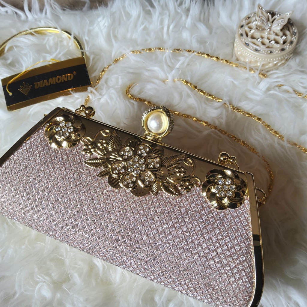 Model Terbaru! Tas Pesta Farnell Import Clutch Kondangan Wanita Diamond Mutiara Bunga Cantik Mewah 2929/2908