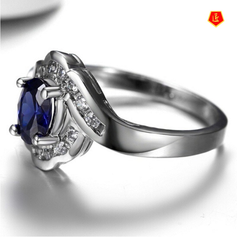 [Ready Stock]Dark Blue Gem Micro Inlaid with Diamond Ring 925 Silver Elegant Personality