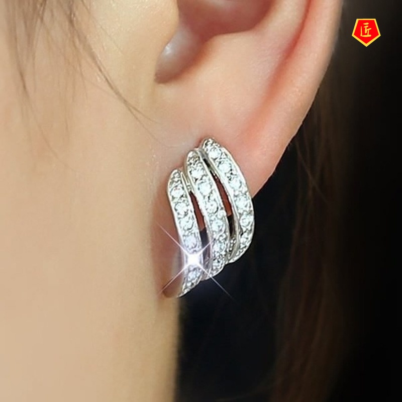 [Ready Stock]Rose Gold Three-Row Diamond Stud Earrings Creative