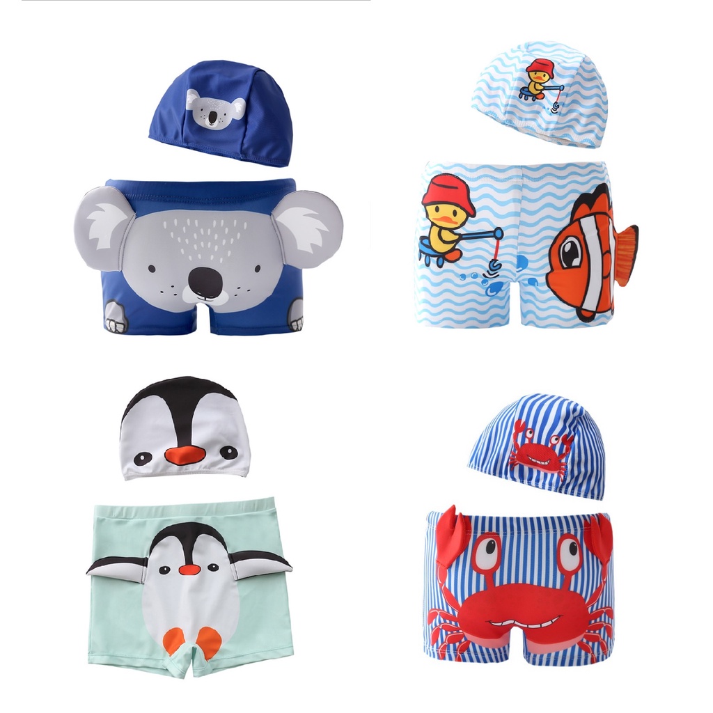 Mimicat-Satu set celana renang dan topi renang anak import motif animal