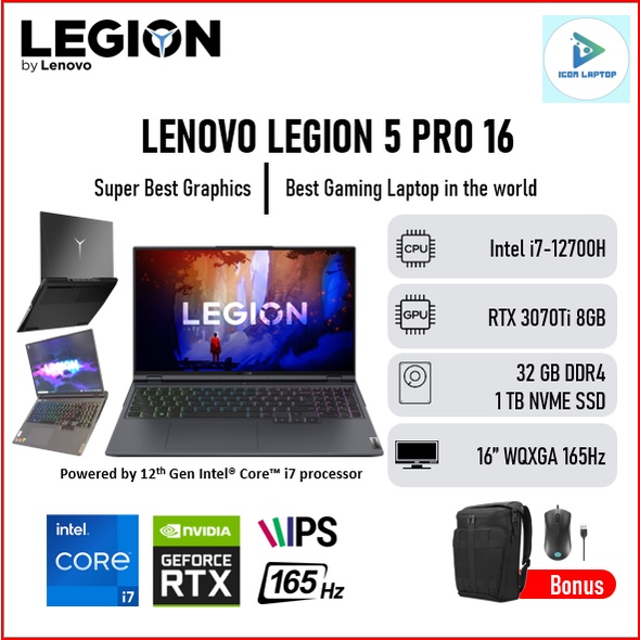 Laptop Gaming LENOVO LEGION 5 PRO 16 i7-12700H Ram 32GB Ssd 1TB RTX3070Ti 8GB 16" WQXGA IPS 165Hz 100SRGB Win11-Free OFFICE &amp; Gaming Mouse Lenovo M300