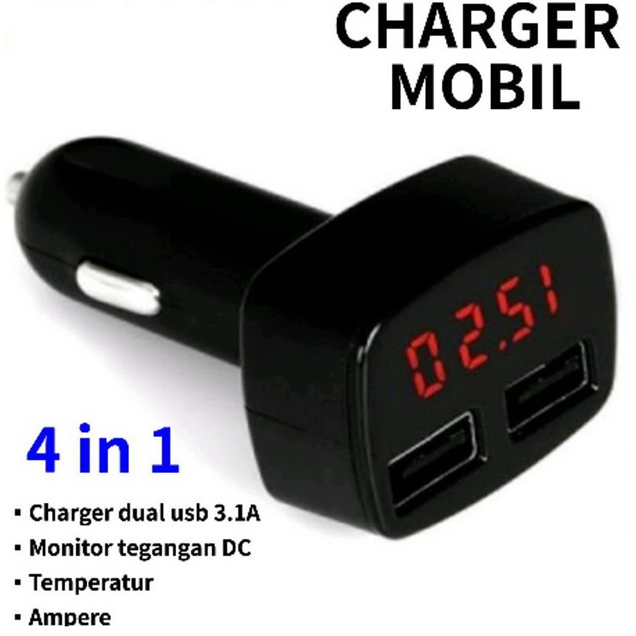 [COD] Charger Mobil 4in1 Universal USB Charger Mobil + Voltmeter + Ampere + Temperatur Serbaguna