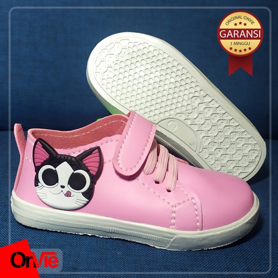 Sepatu Sneaker Anak Perempuan Hitam Putih Motif Meow Karet 3D | Sepatu Kids Wanita Onvie