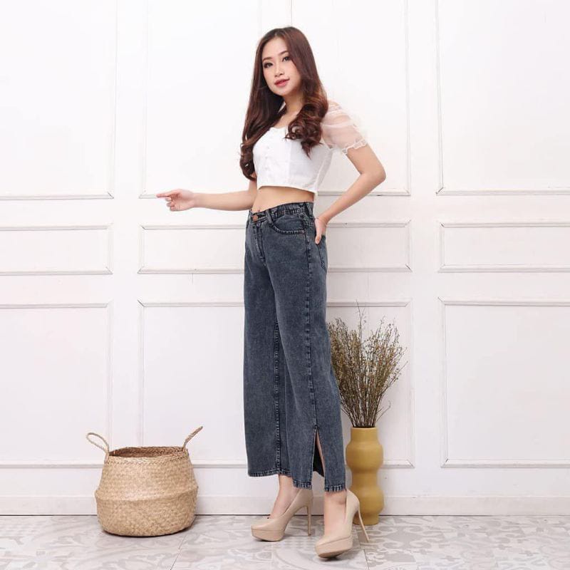 MAGCUN STORE - Celana Highwaist Jeans Wanita - Boyfriend Kulot Jeans Eonni - BF Kulot Eonni Kaki Belah