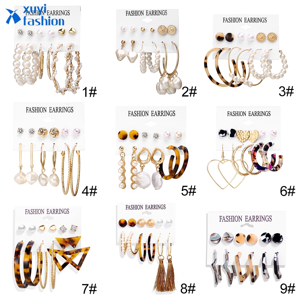 6 Pasang / Set Anting Tusuk Bentuk Lingkaran Aksen Mutiara + Rumbai Gaya Bohemian untuk Wanita