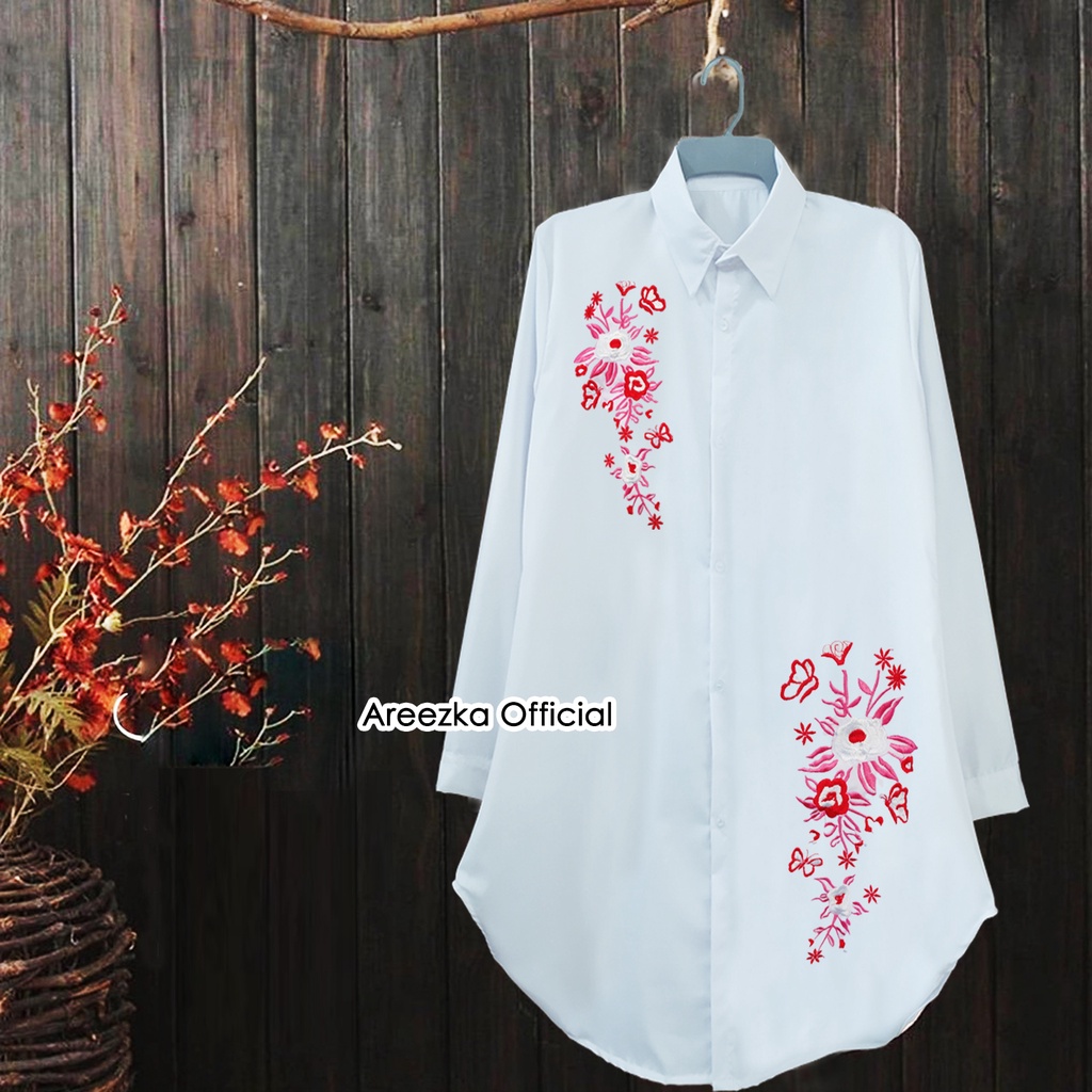 Kiana Sazura Sazuka Alila Tunik Blouse Putih Polos Bordir Katun Toyobo Pink Navy Flower Mayra Nadira