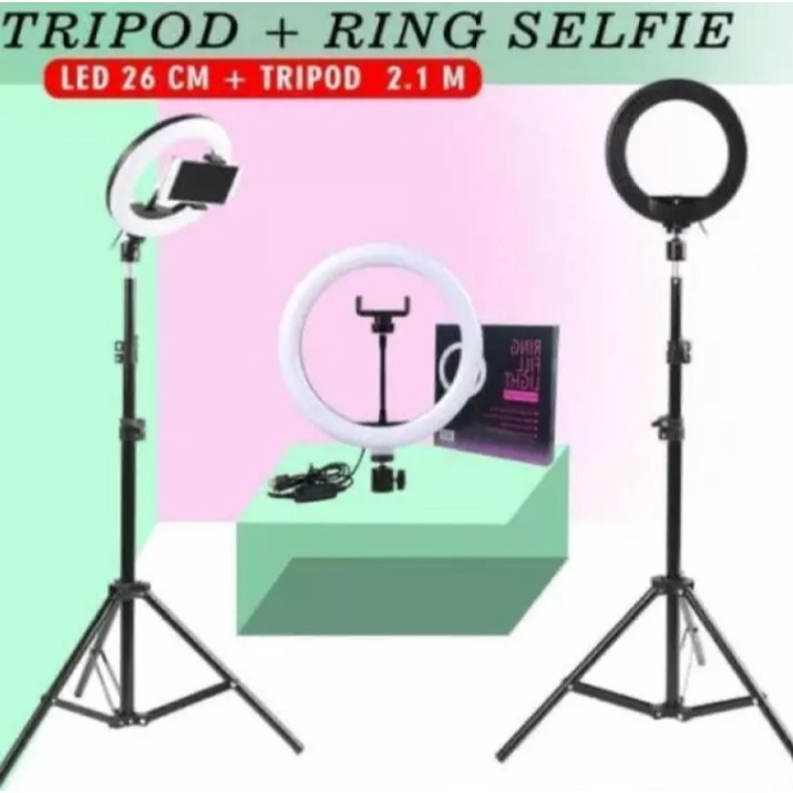 Paket Super Hemat Tripod 2,1 Meter Plus Ring Fill Light 26 CM Plus Lampu Led Ring Light Photography Lighting / 26CM untuk Livestreaming