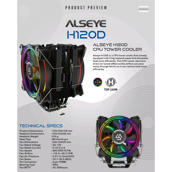 Fan processor gaming alseye Amd Intel lga 6 heat pipe 2 fan 120mm rgb with bracket lga 1200 1700 2011 H120D - Cpu cooler heatsink h120-d