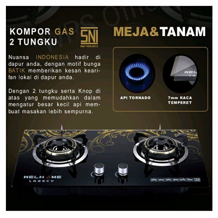 WELHOME Kompor gas 2 tungku kaca tanam & meja WELHOME LAGECY mewah