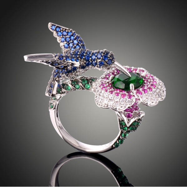 SEUSUK  Fashion Popular Silver Ring Bird Flower Natural Gemstones Sapphire &amp; Emerald Ring Jewelry