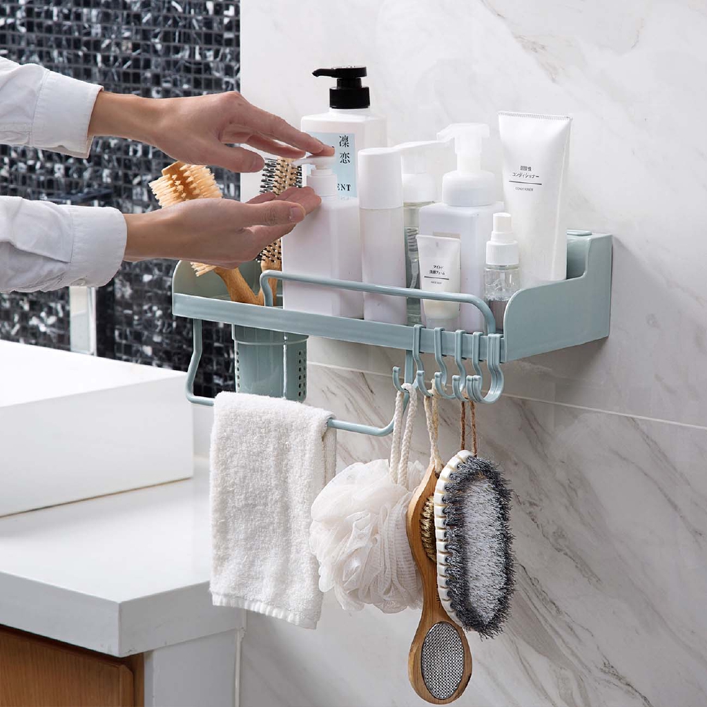 Wall Mounted Kitchen Bathroom Storage Rack Shelf Hooks Hanger Draining Holder Shopee Indonesia