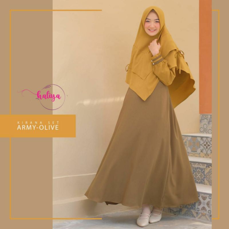 kirana army olive set gamis syar'i by haliya hijab